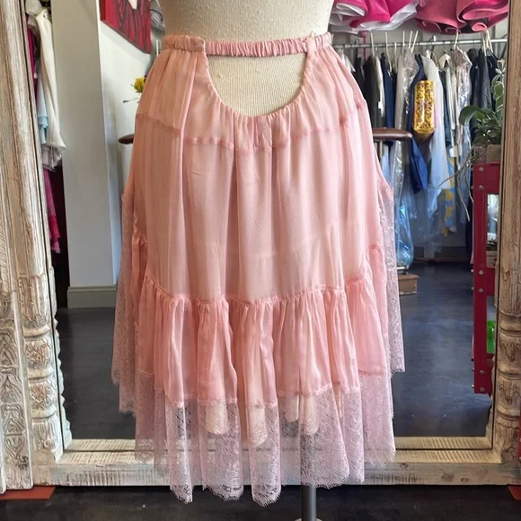 Blush pink silk metallic rose gold lace skirt high waisted skort shorts low back